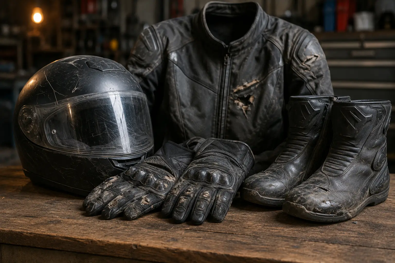 Worn Motorcycle Gear in Workshop